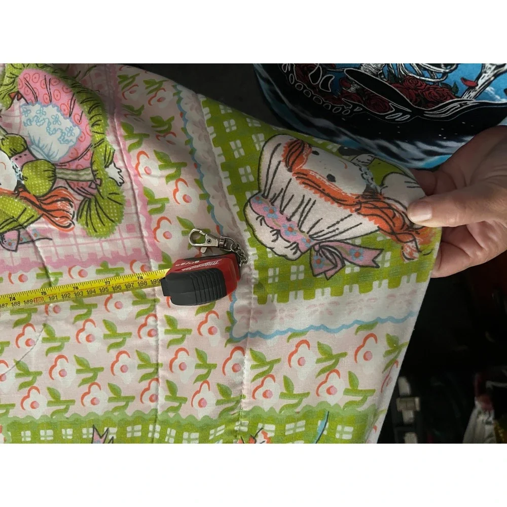 Vintage Holly Hobbie Style Quilt Bedspread Pink Green Floral 78x78 Cottagecore